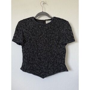 Vintage Papell Boutique Evening Black Silk Blouse Top Beading‎ Small Wedding